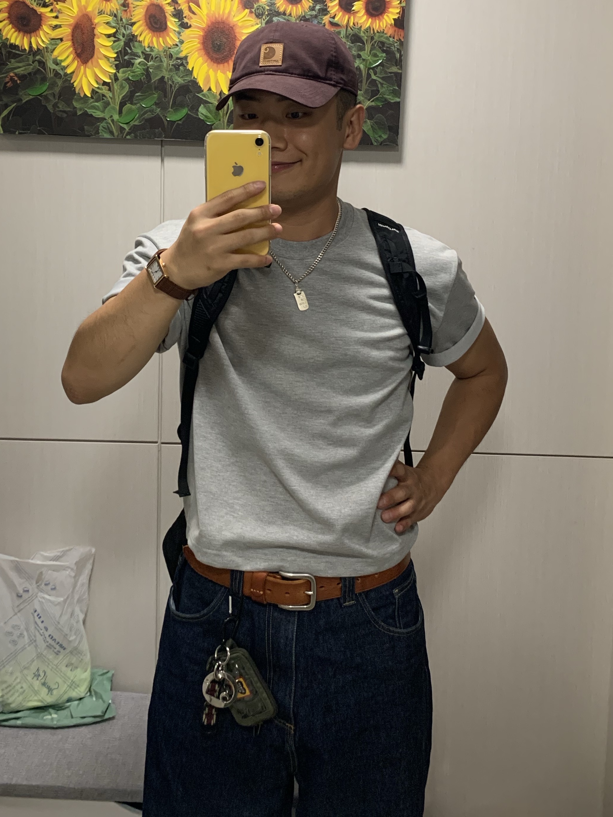 Carhartt WIP Brandon Pants Blue Rigid, Dr. Martens 1461 Crazy Horse Dark Brown 착용 스타일 - 3