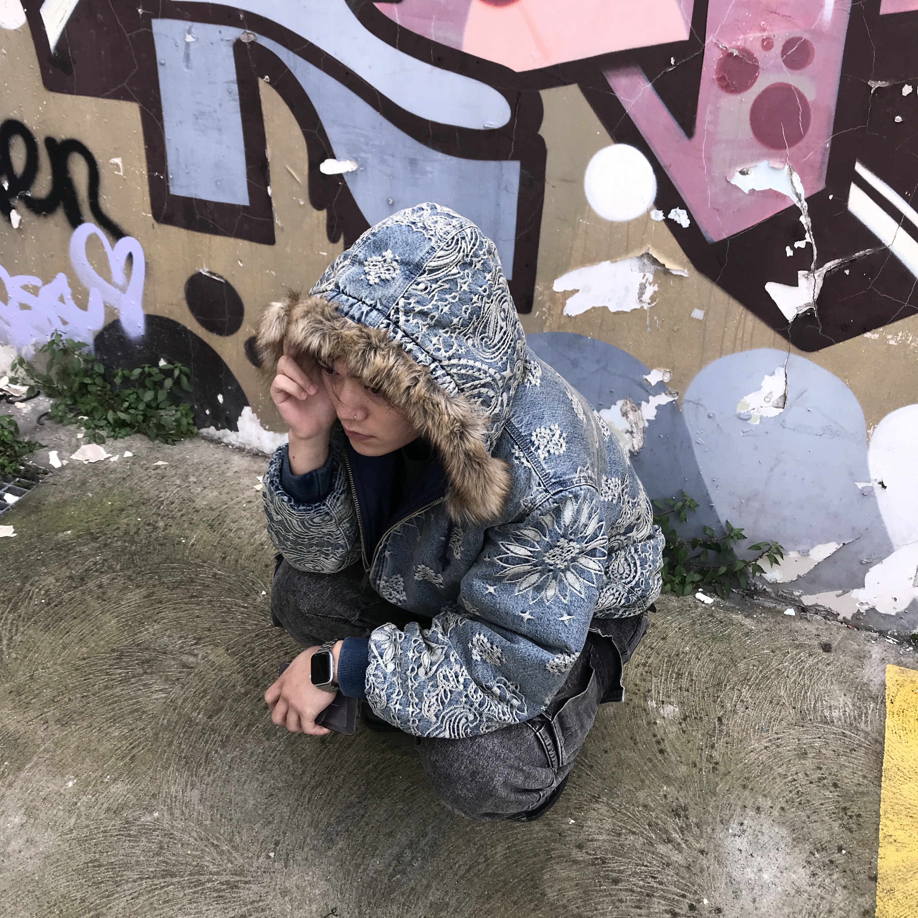 Supreme Bandana Jacquard Denim Hooded Work Jacket Blue - 25SS, Salomon x Palace XT-Wings 2 Black 착용 스타일 - 2