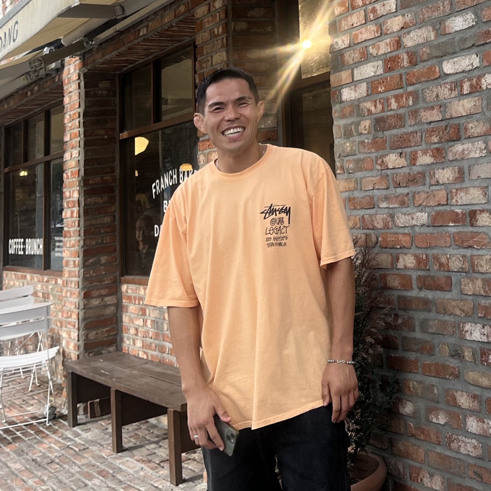 Stussy x Our Legacy Work Shop 8 Ball Pigment Dyed Yin Yang T-Shirt Peach 착용 스타일