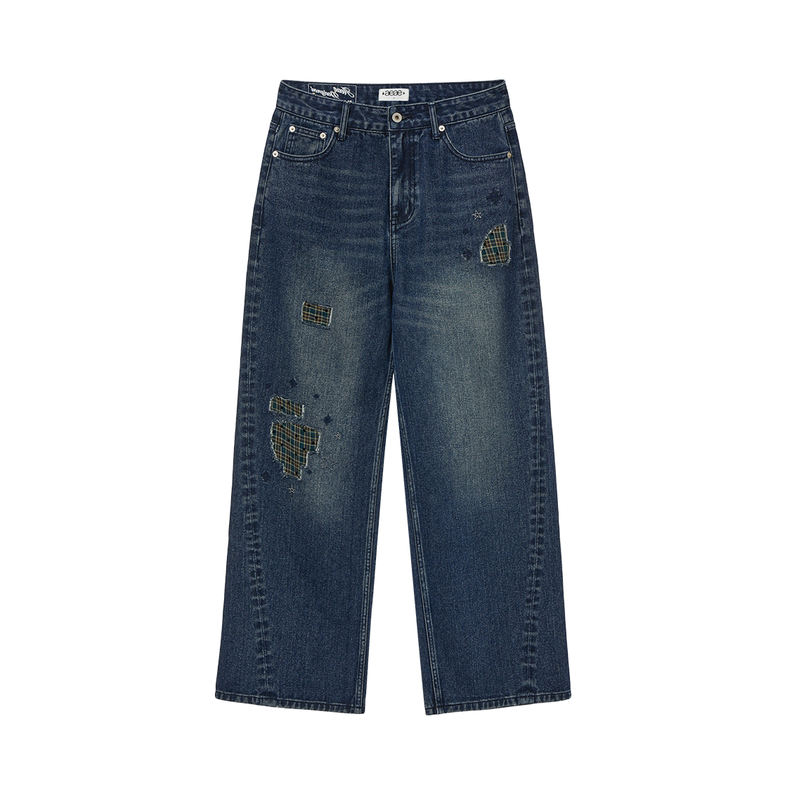 에이이에이이 체크 패치워크 데님 팬츠 애쉬 블루(AEAE Check Patchwork Denim Pants Ash Blue)