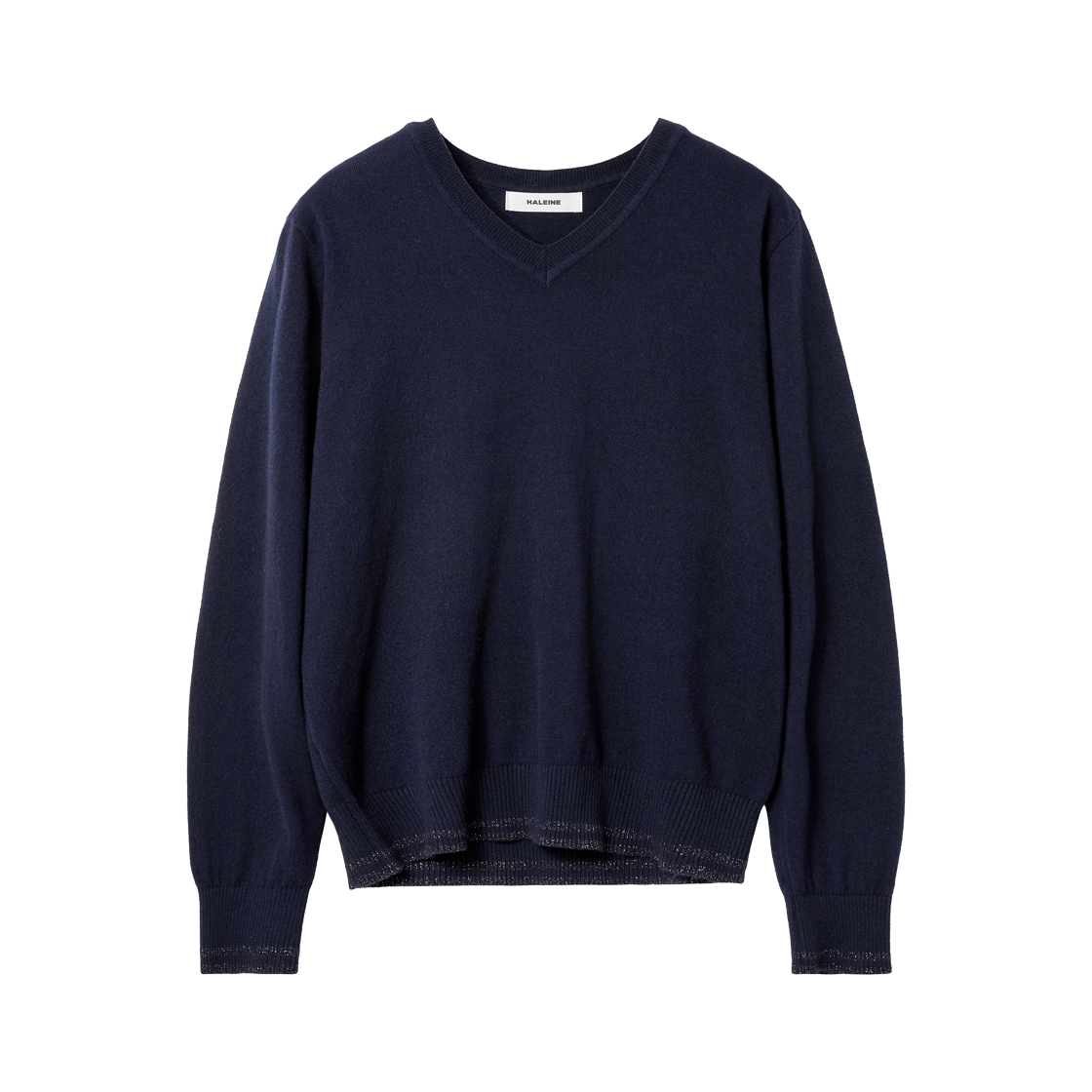 알렌느 메탈릭 트림 브이넥 니트 네이비