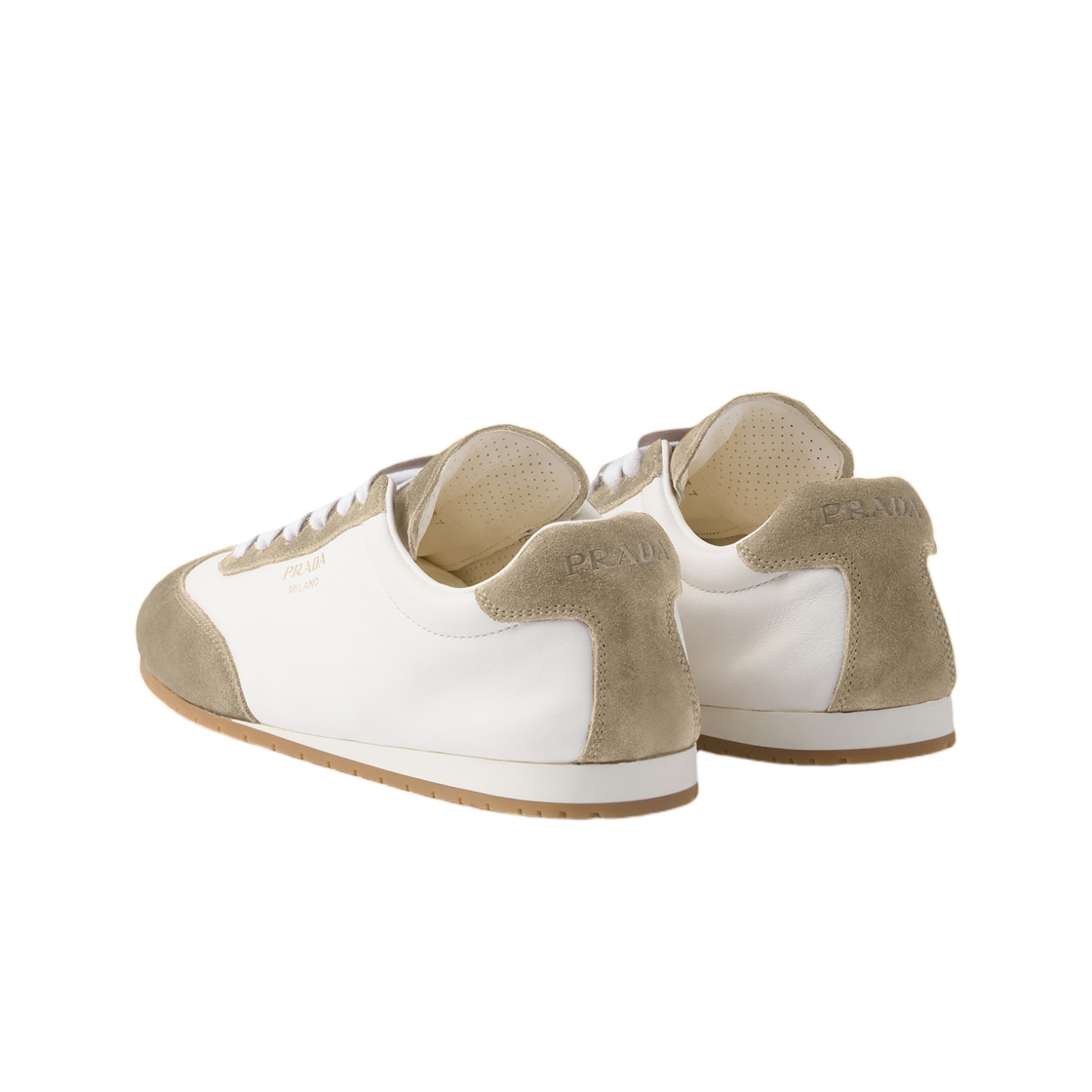 (W) 프라다 나파 레더 앤 스웨이드 스니커즈 아이보리 퍼미스 그레이((W) Prada Nappa Leather and Suede Sneakers Ivory Pumice Gray) - 3
