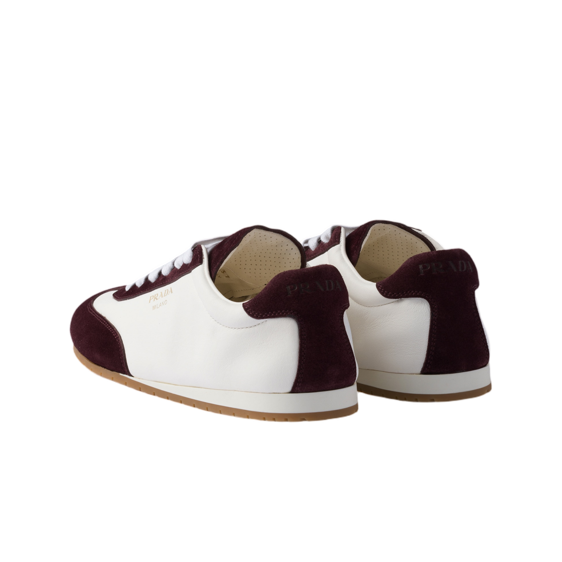 (W) 프라다 나파 레더 앤 스웨이드 스니커즈 아이보리 버건디((W) Prada Nappa Leather and Suede Sneakers Ivory Burgundy) - 3