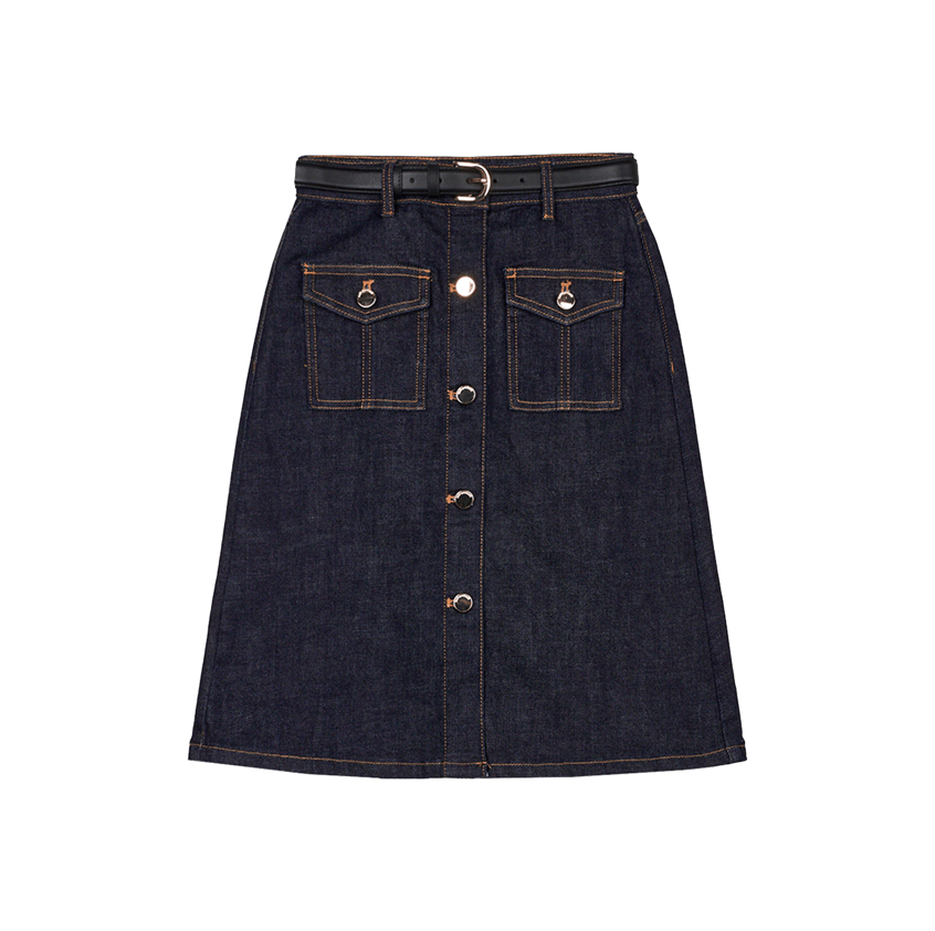 셀프 포트레이트 우먼 데님 벨티드 미디 스커트 인디고- 25FW(Self Portrait Women Denim Belted Midi Skirt Indigo - 25FW)