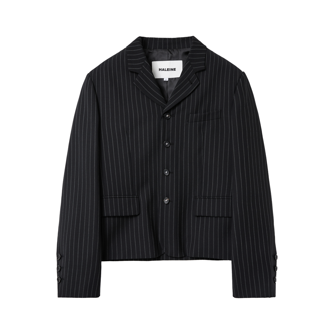 알렌느 4버튼 울 핀스트라이프 크롭드 블레이져 블랙