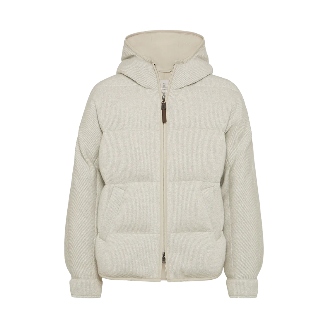 M01ET7728-CCW76 (W) Brunello Cucinelli Sparkling Cashmere English Rib Knit Hooded Down Jacket Silver