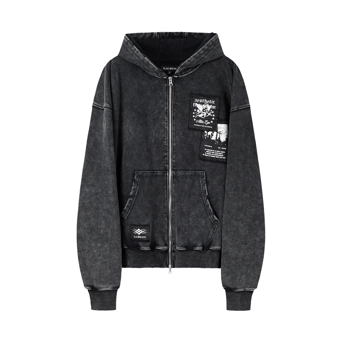[KREAM 단독] 플레이버리즘 빈티지 패치드 후드 집업 워시드 블랙([KREAM 단독] Flavorism VTG Patched Hooded Zip-up Washed Black)
