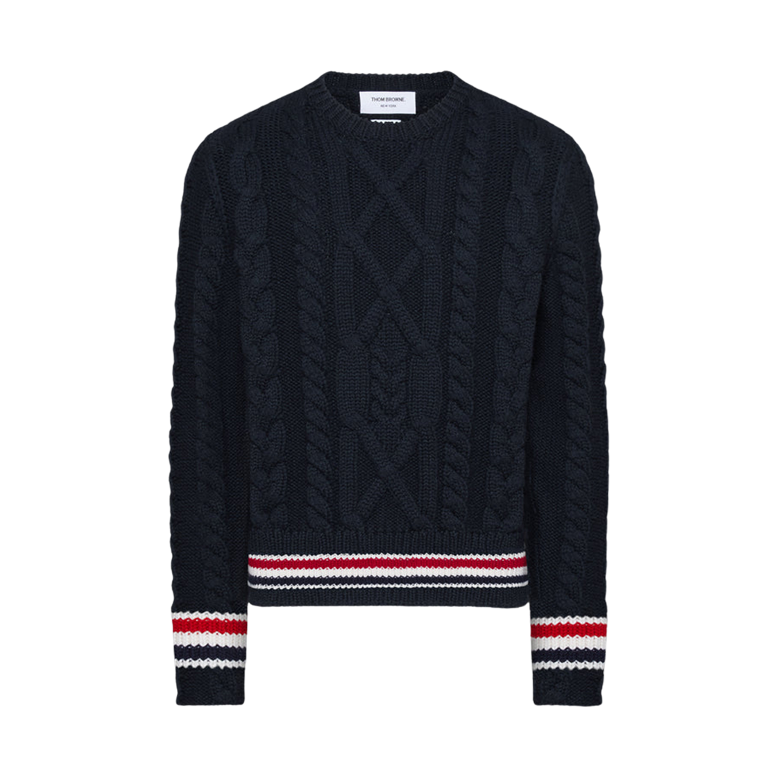 MKA570A-Y1005-415 Thom Browne Aran Cable Stitch Merino Wool Pullover Navy