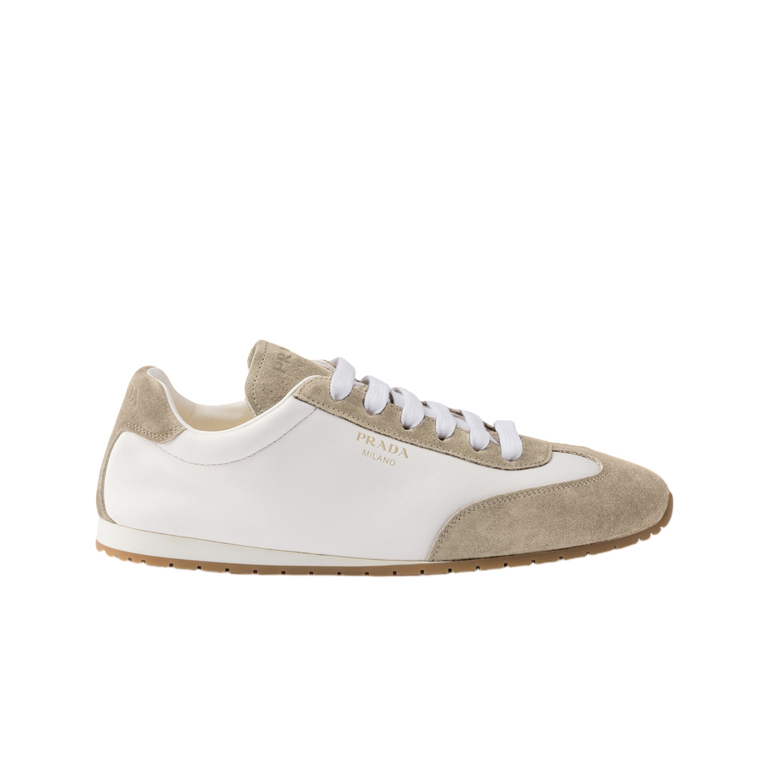 (W) 프라다 나파 레더 앤 스웨이드 스니커즈 아이보리 퍼미스 그레이((W) Prada Nappa Leather and Suede Sneakers Ivory Pumice Gray) - 2