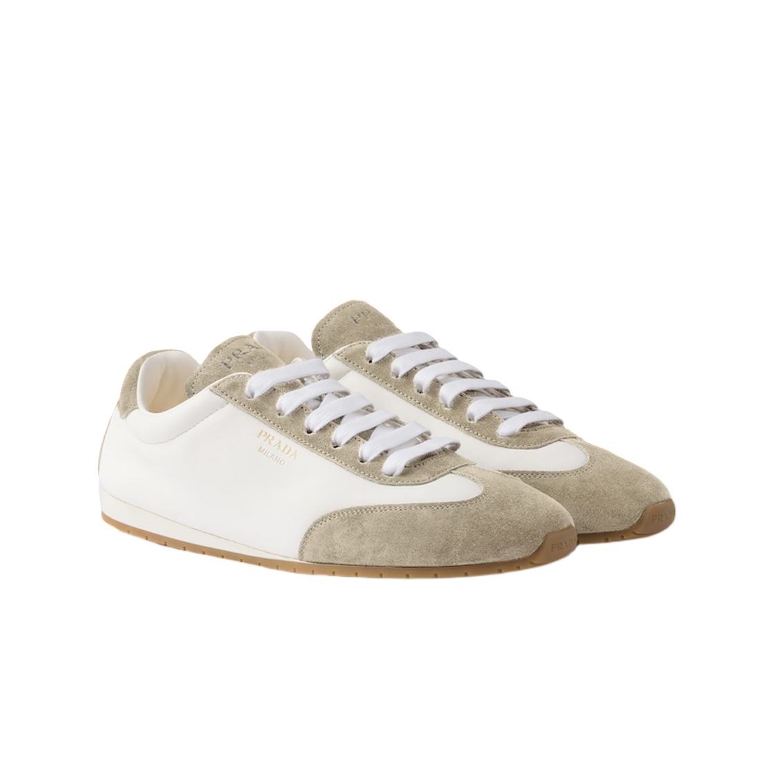 (W) 프라다 나파 레더 앤 스웨이드 스니커즈 아이보리 퍼미스 그레이((W) Prada Nappa Leather and Suede Sneakers Ivory Pumice Gray) - 1