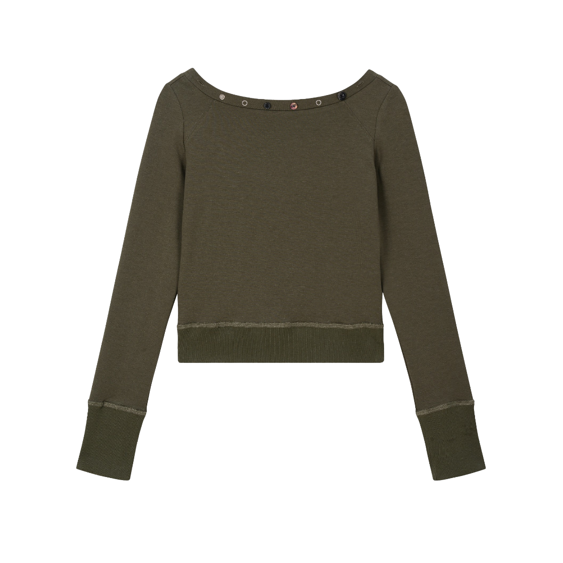 VWK53JPO005KHQQ Vacant Archive Rina Boatneck Button Long Sleeve Top Khaki