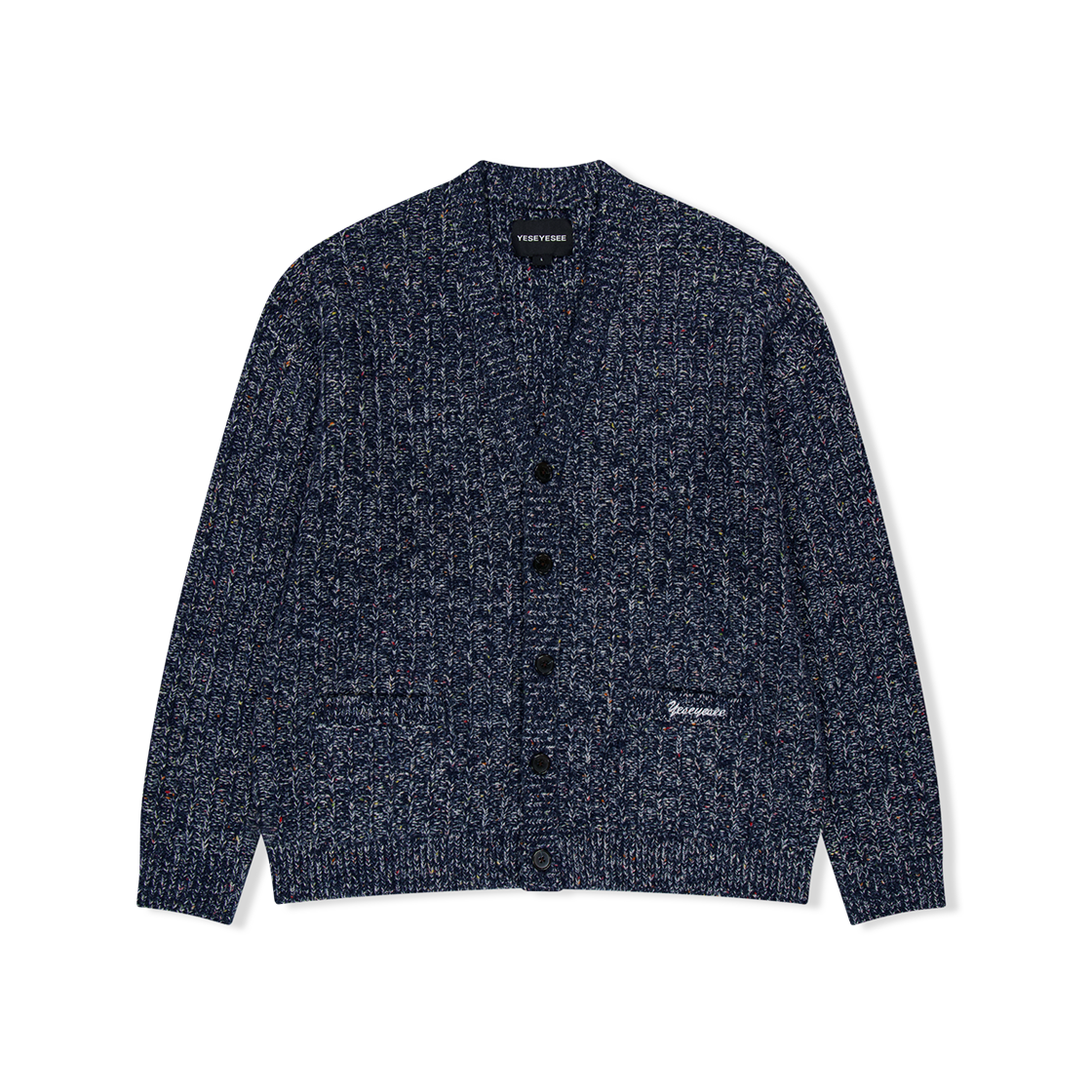 YS253KKNCK01BLE YESEYESEE Speckle Yarn Knit Cardigan Blue