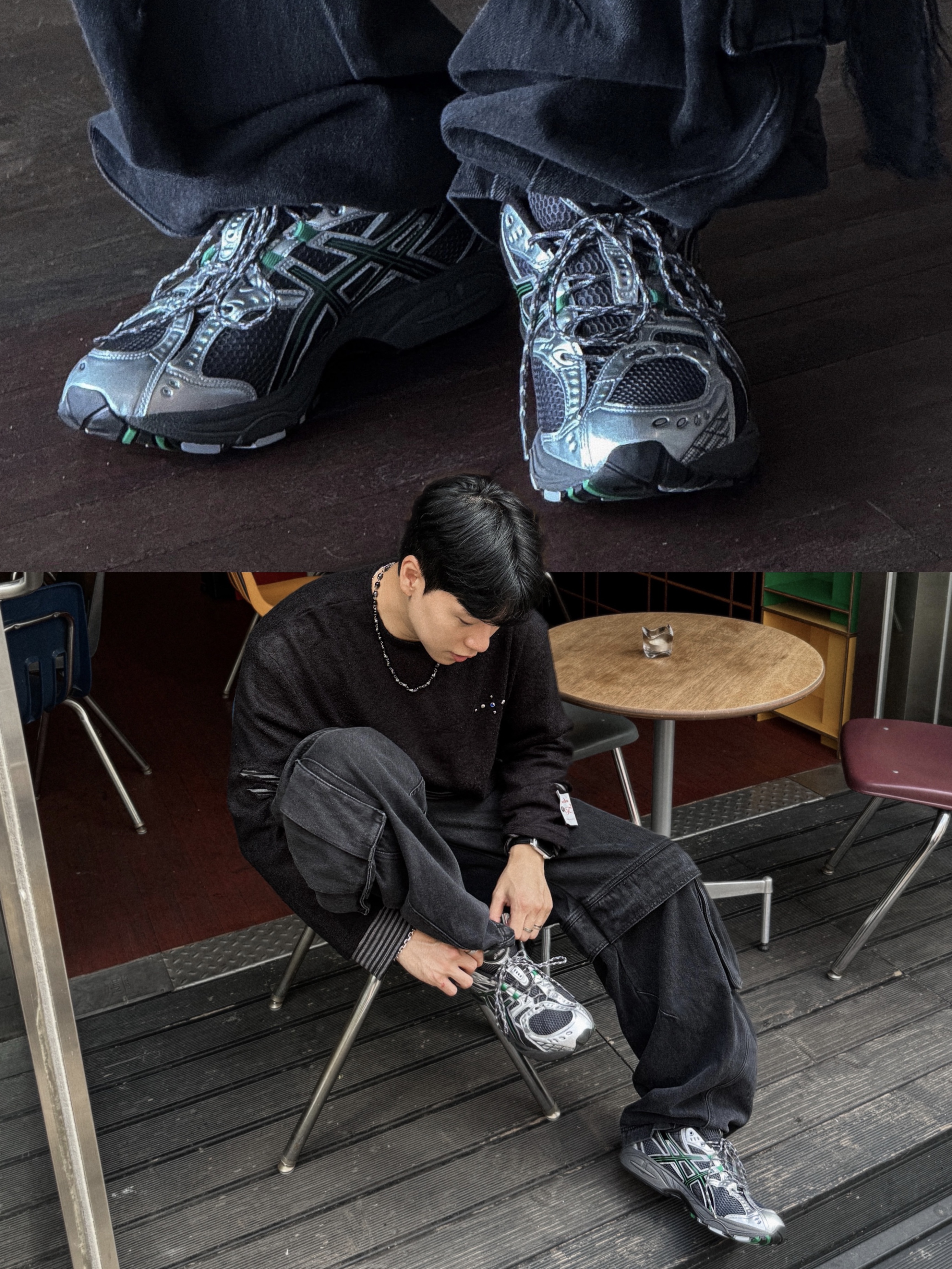 Asics Gel-Nimbus 10.1 Obsidian Grey Green Basil, BLR Utility Cargo Washed Denim Pants 착용 스타일 - 3