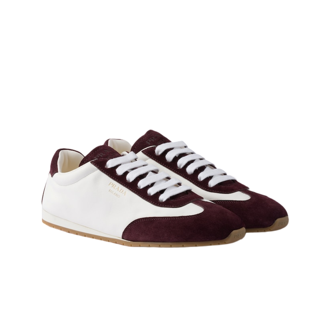 (W) 프라다 나파 레더 앤 스웨이드 스니커즈 아이보리 버건디((W) Prada Nappa Leather and Suede Sneakers Ivory Burgundy) - 1