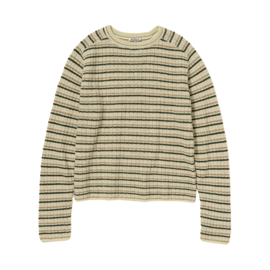 A25AP01SB Auralee Shetland Wool Cashmere Rib Knit P/O Beige Stripe - 25AW