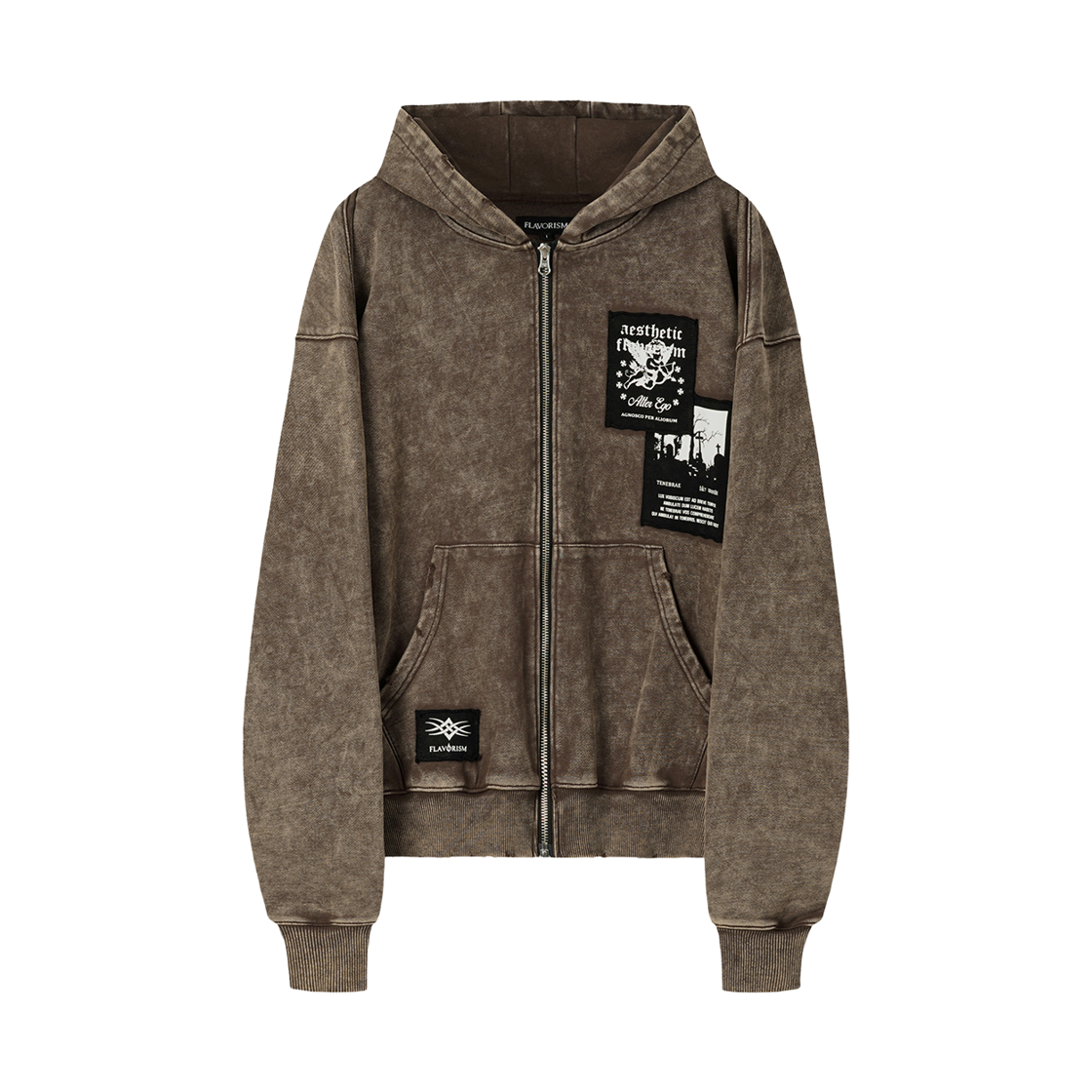 [KREAM 단독] 플레이버리즘 빈티지 패치드 후드 집업 워시드 브라운([KREAM 단독] Flavorism VTG Patched Hooded Zip-up Washed Brown)