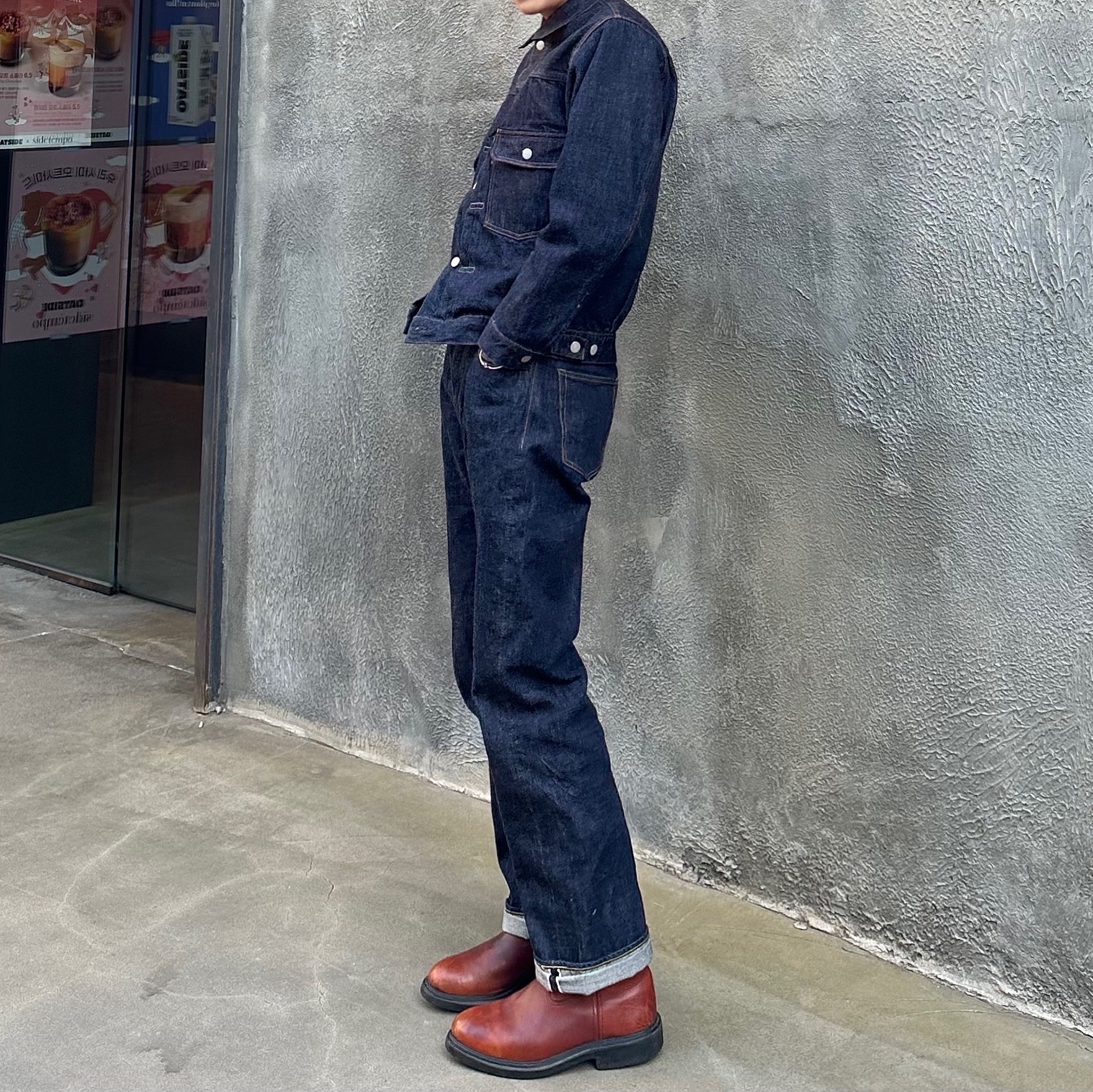 Fullcount 0105W Wide Denim One Wash Indigo Blue, Fullcount 2102W-20 Type 2 Denim Jacket One Wash Indigo Blue - Red Tab 착용 스타일