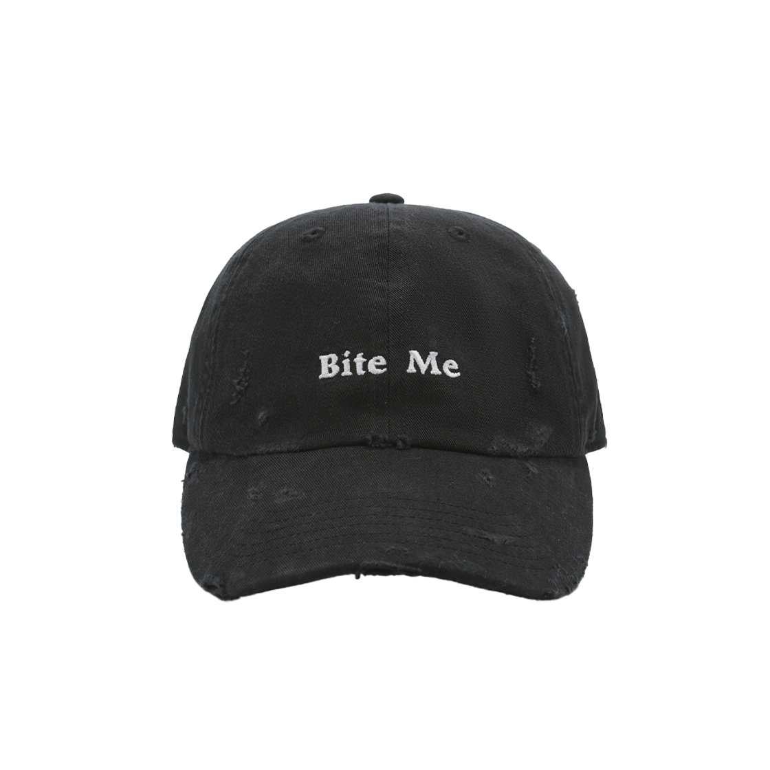 마크공 우먼 "바이트 미" 디스트레스드 베이스볼 캡 블랙 - 25FW(Markgong Women "Bite Me" Distressed Baseball Cap Black - 25FW)