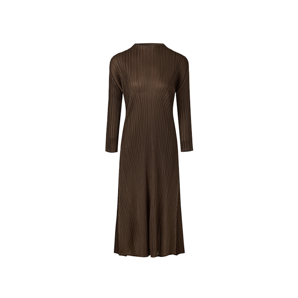 WDR1GBW Monplisse Women Half Neck Long Sleeve Pleats Dress Brown