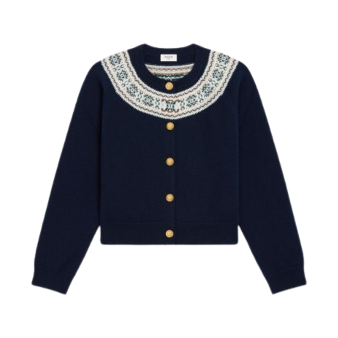 RV0FQ0N82-07DX (W) Celine Crew Neck Cardigan in Triomphe Fair Isle Cashmere Dark Blue