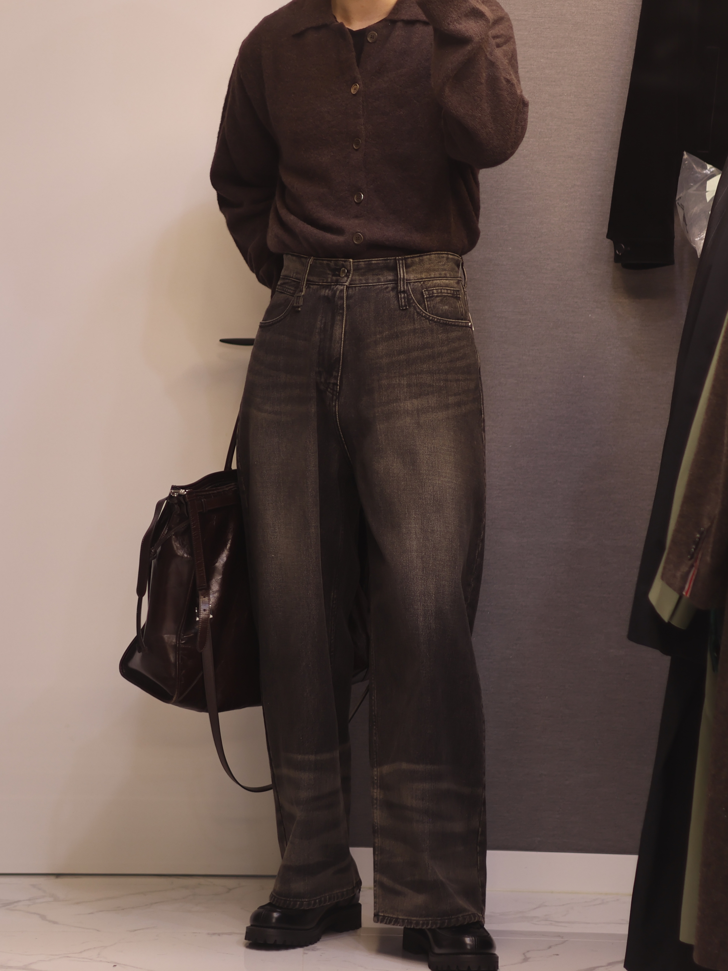 Our Legacy Evening Polo Rust Geezer Check, Our Legacy Vast Cut Indigo Butterfly 착용 스타일 - 2