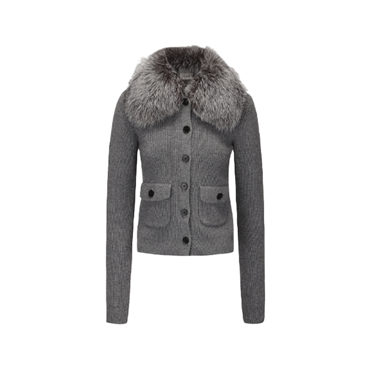 KW5DKNCGO12GY Markgong Women Silver Fox Fur Collar Knitted Cardigan Gray - 25FW
