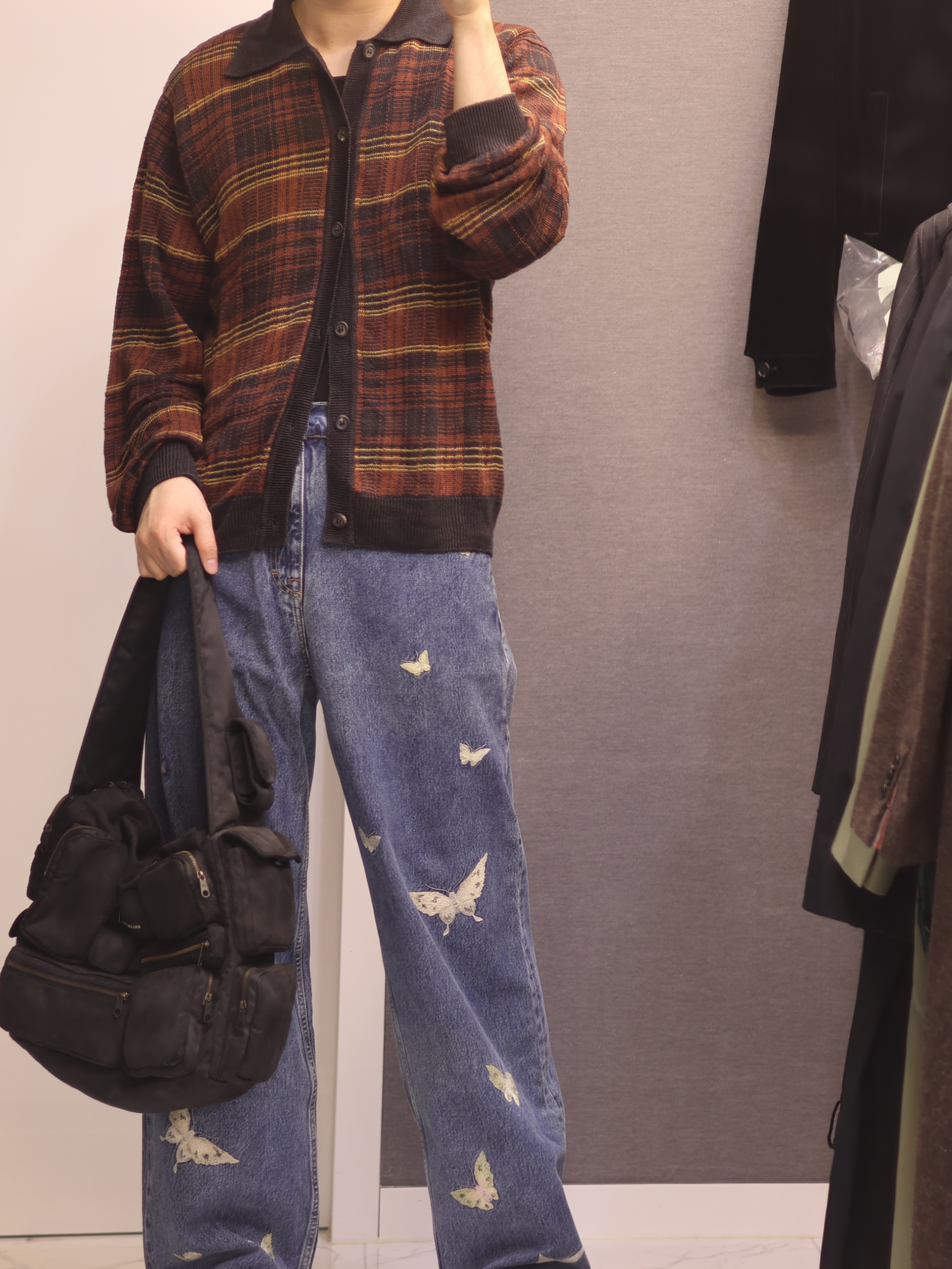 Our Legacy Evening Polo Rust Geezer Check, Our Legacy Vast Cut Indigo Butterfly 착용 스타일 - 1