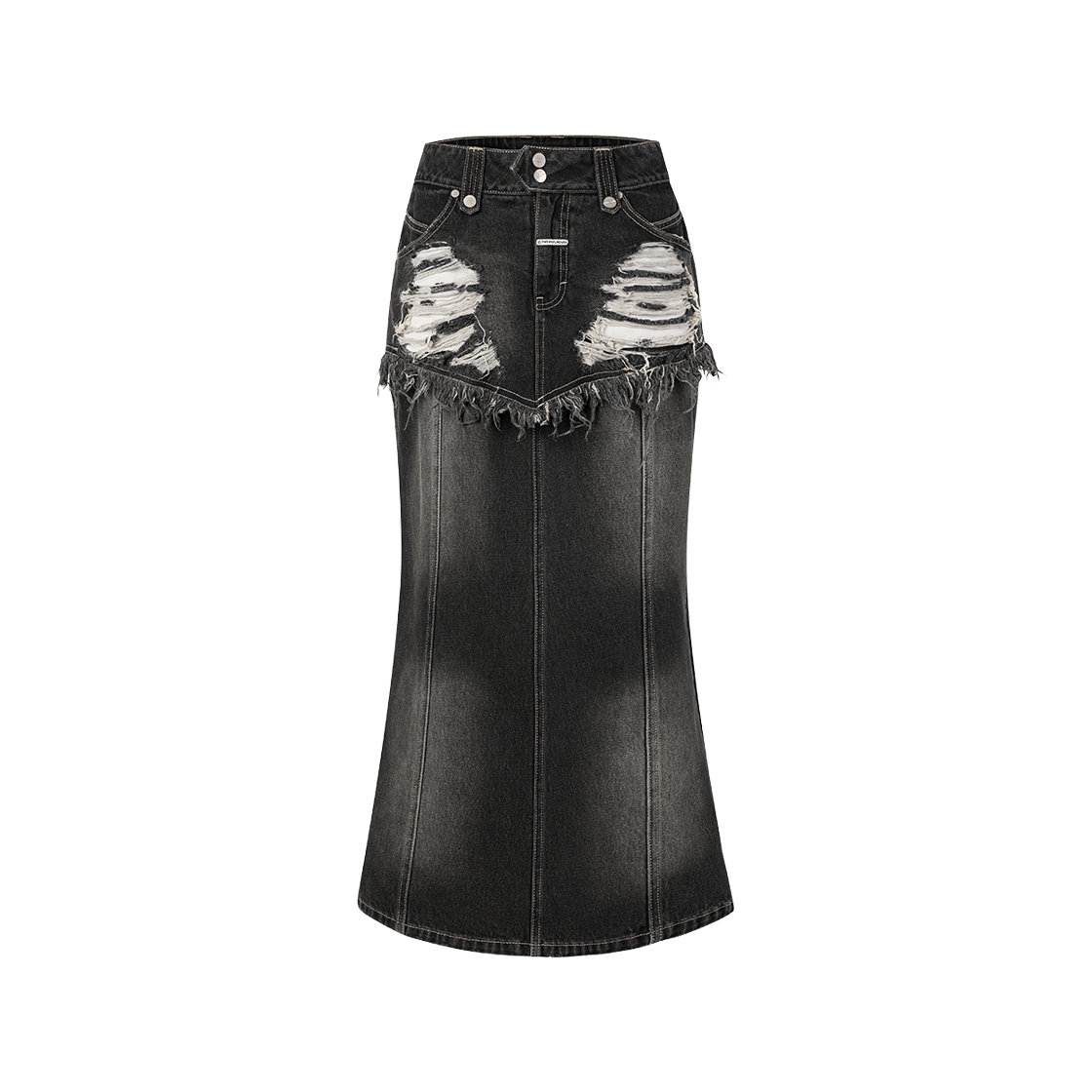 더바이닐하우스 디스트로이드 더블 데님 스커트 블랙(Thevinylhouse Destroyed Double Denim Skirt Black)
