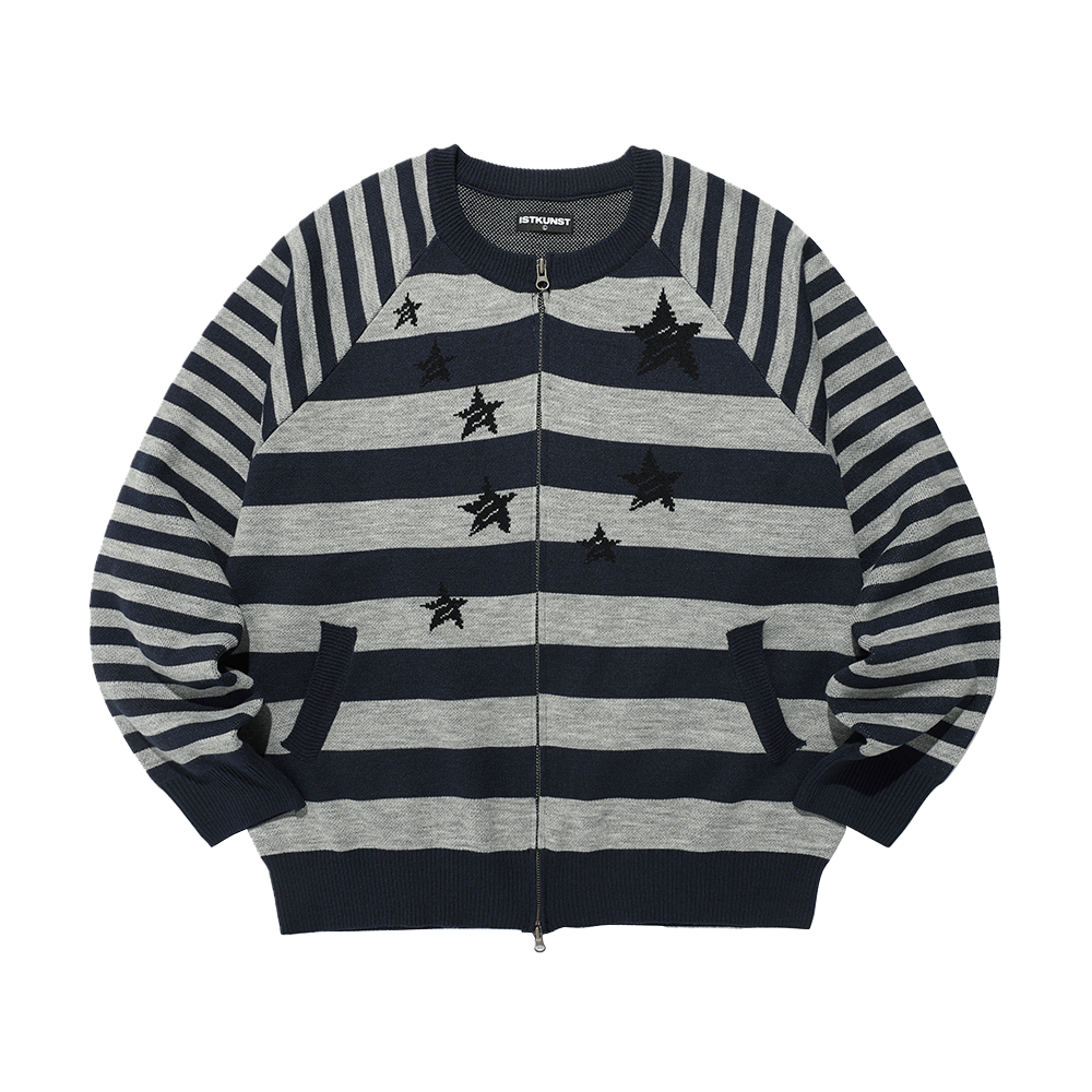 이스트쿤스트 스타 스트라이프 래글런 니트 집업 네이비(ISTKUNST Star Stripe Raglan Knit Zip Up Navy)