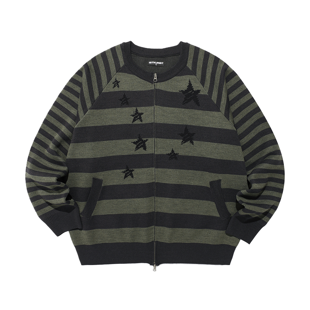 이스트쿤스트 스타 스트라이프 래글런 니트 집업 차콜(ISTKUNST Star Stripe Raglan Knit Zip Up Charcoal)