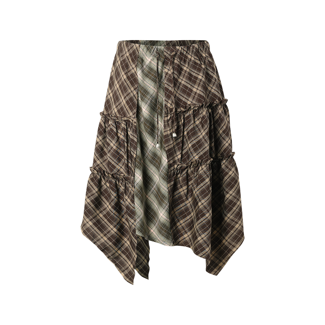 VH2FFFPA90ABR Thevinylhouse Unbalance Layered Check Skirt Brown