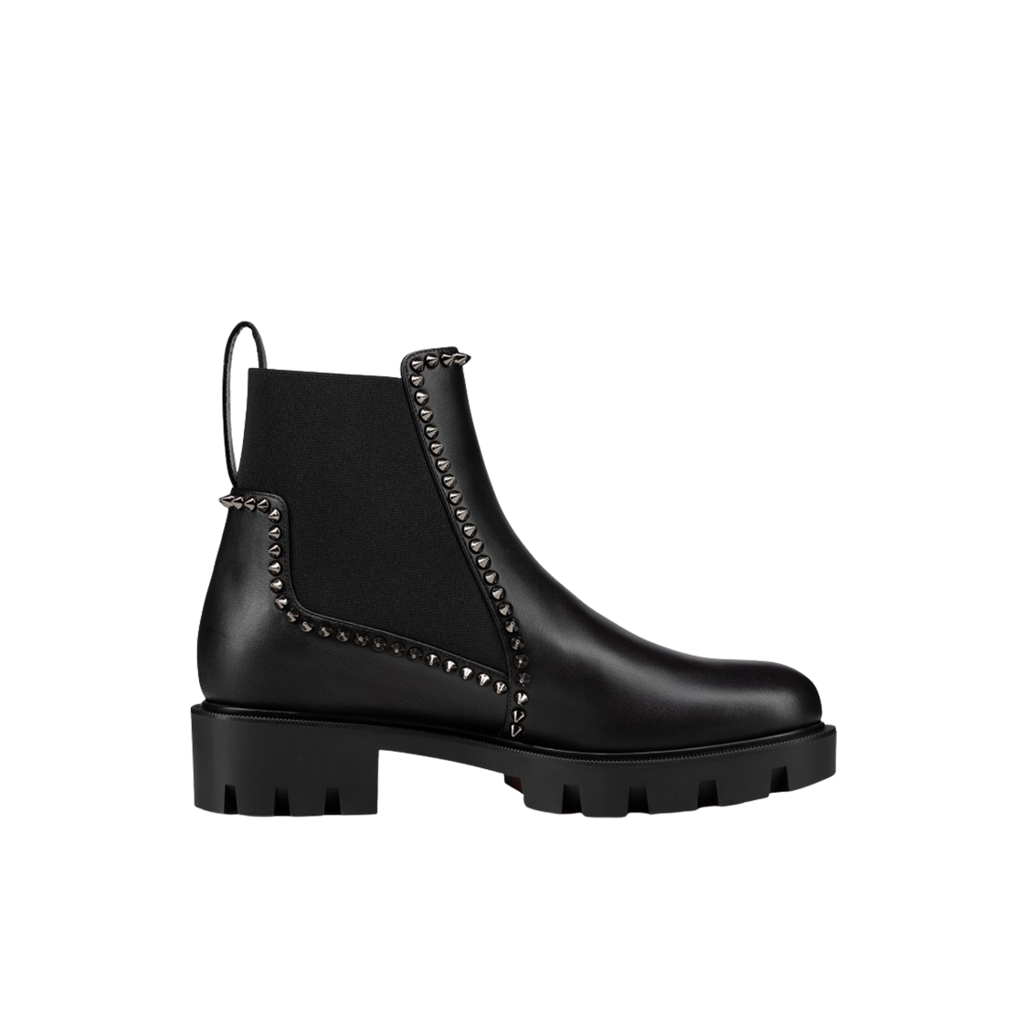 (W) 크리스찬 루부탱 아웃 리나 스파이크 러그 카프 레더 로우 부츠 블랙((W) Christian Louboutin Out Lina Spike Lug Calf Leather Low Boots Black)