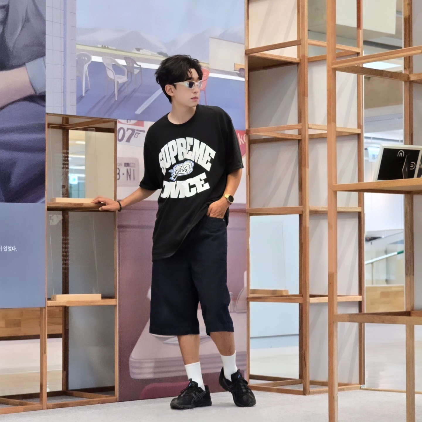 Supreme x GOODENOUGH Device T-Shirt Black - 25SS, Asics Gel-Sonoma 15-50 Black Obsidian Grey 착용 스타일 - 2