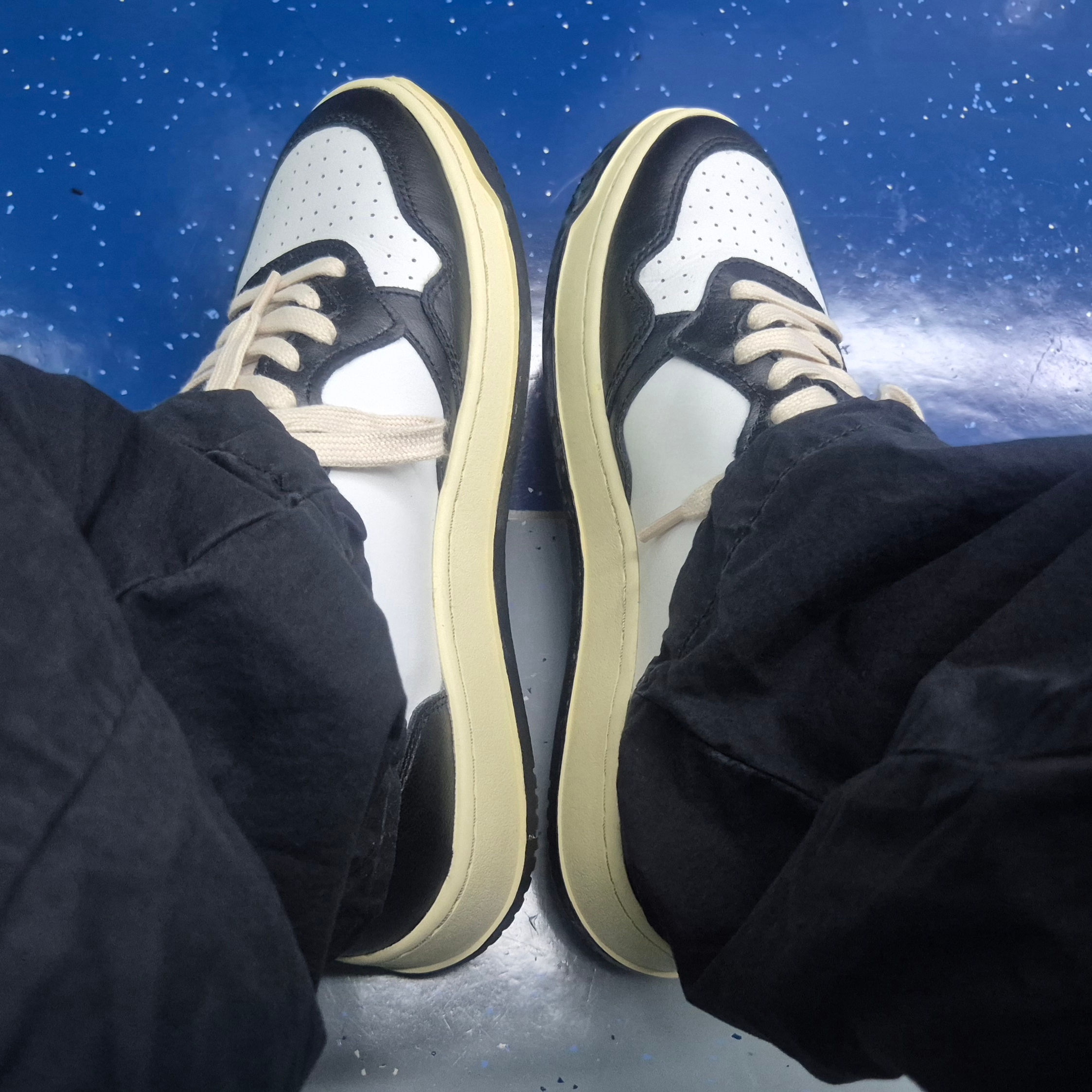 Autry Medalist Low Leather Sneakers Black White, Palace x Engineered Garments Gore-Tex FA Pants Black - 22FW 착용 스타일