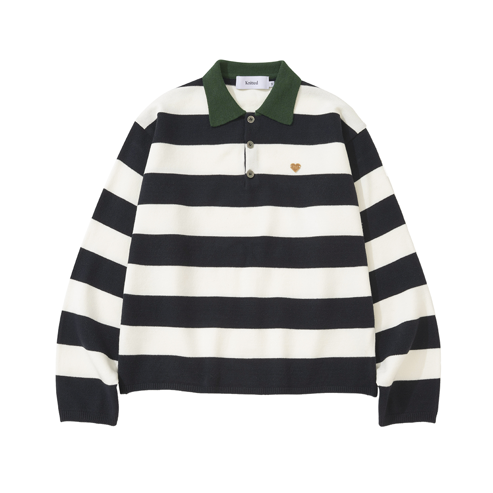니티드 여성 스트라이프 럭비 카라 니트 네이비
