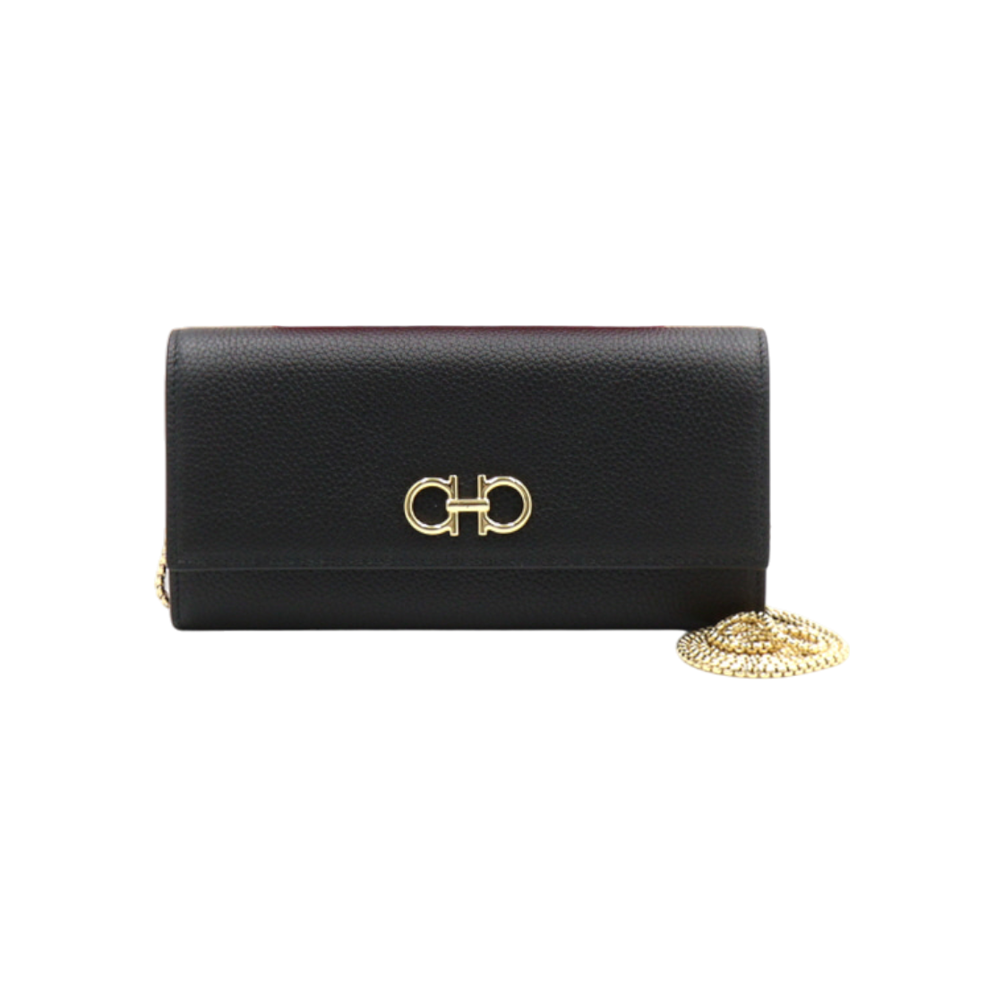 페라가모 22-0636 페라가모 블랙 레더 골드 톤 간치니 장지갑 체인 크로스백 aa51355(Ferragamo Black Leather Gold-tone Gancini Long Wallet Chain Crossbody Bag)