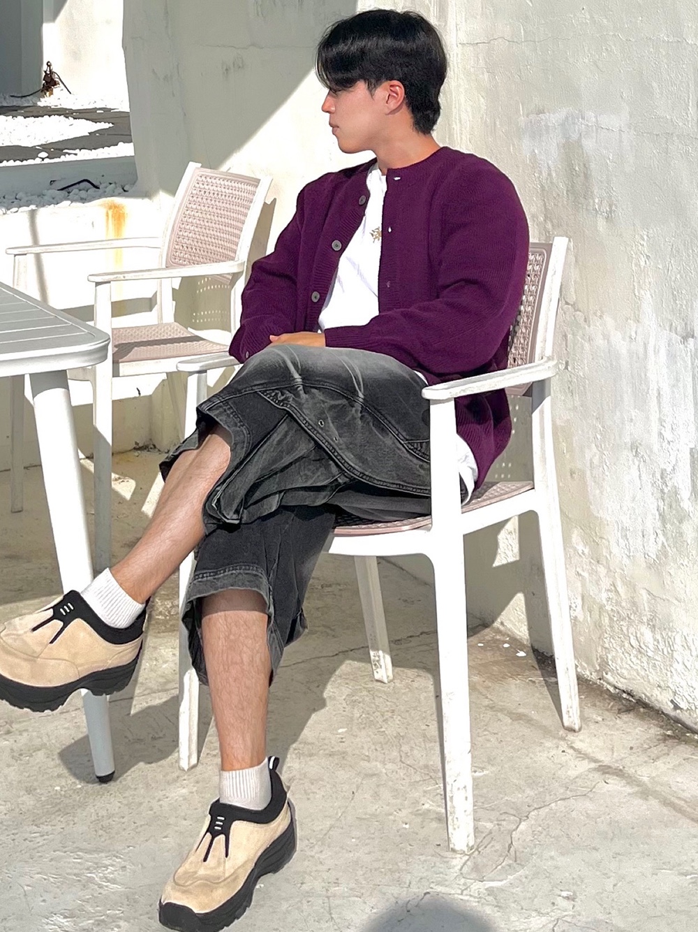 Knitted Shaggy Dog Wool 100% Round Cardigan Purple 착용 스타일 - 1