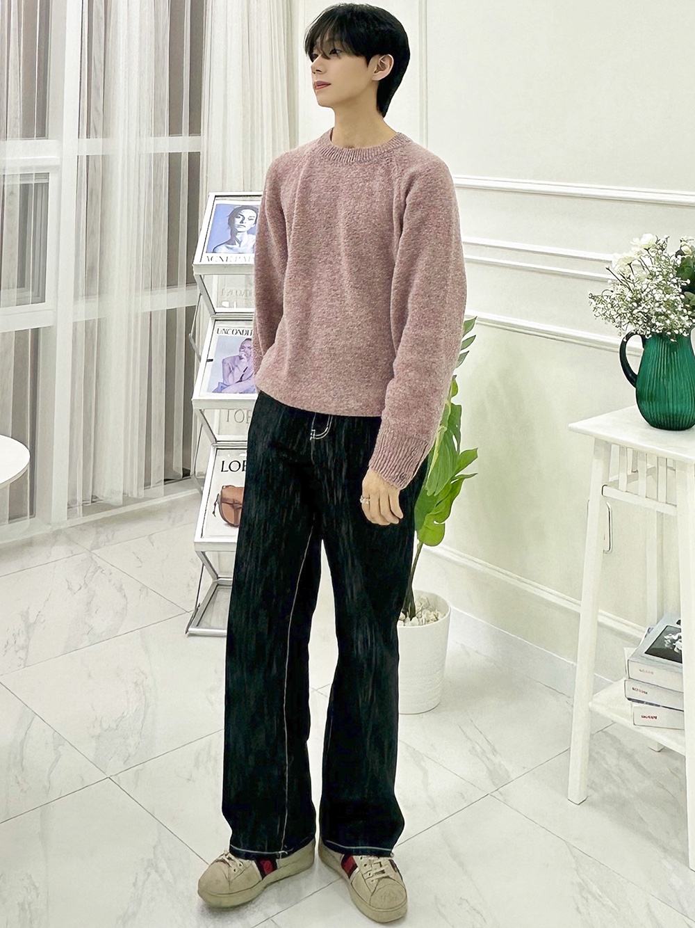 Knitted Shaggy Dog Wool 100% Round Knit Pink 착용 스타일