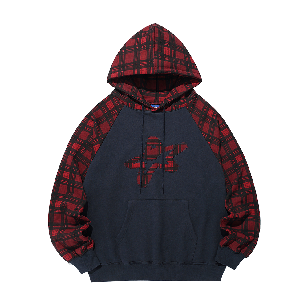 이스트쿤스트 스타 로고 체크 래글런 후디 네이비(ISTKUNST Star Logo Check Raglan Hoodie Navy)