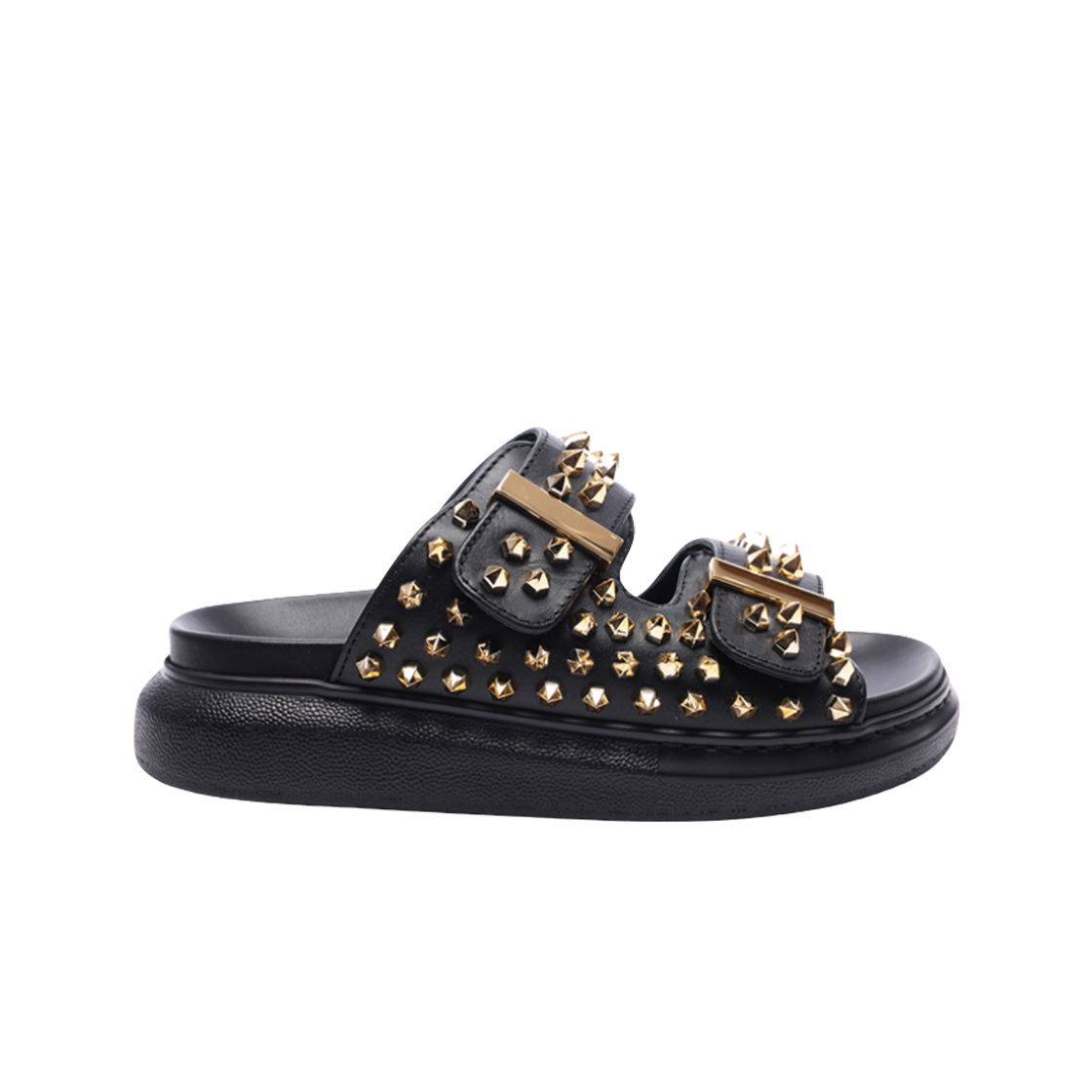 (W) 알렉산더 맥퀸 스터드 하이브리드 샌들 블랙 골드((W) Alexander McQueen Stud Hybrid Sandals Black Gold)