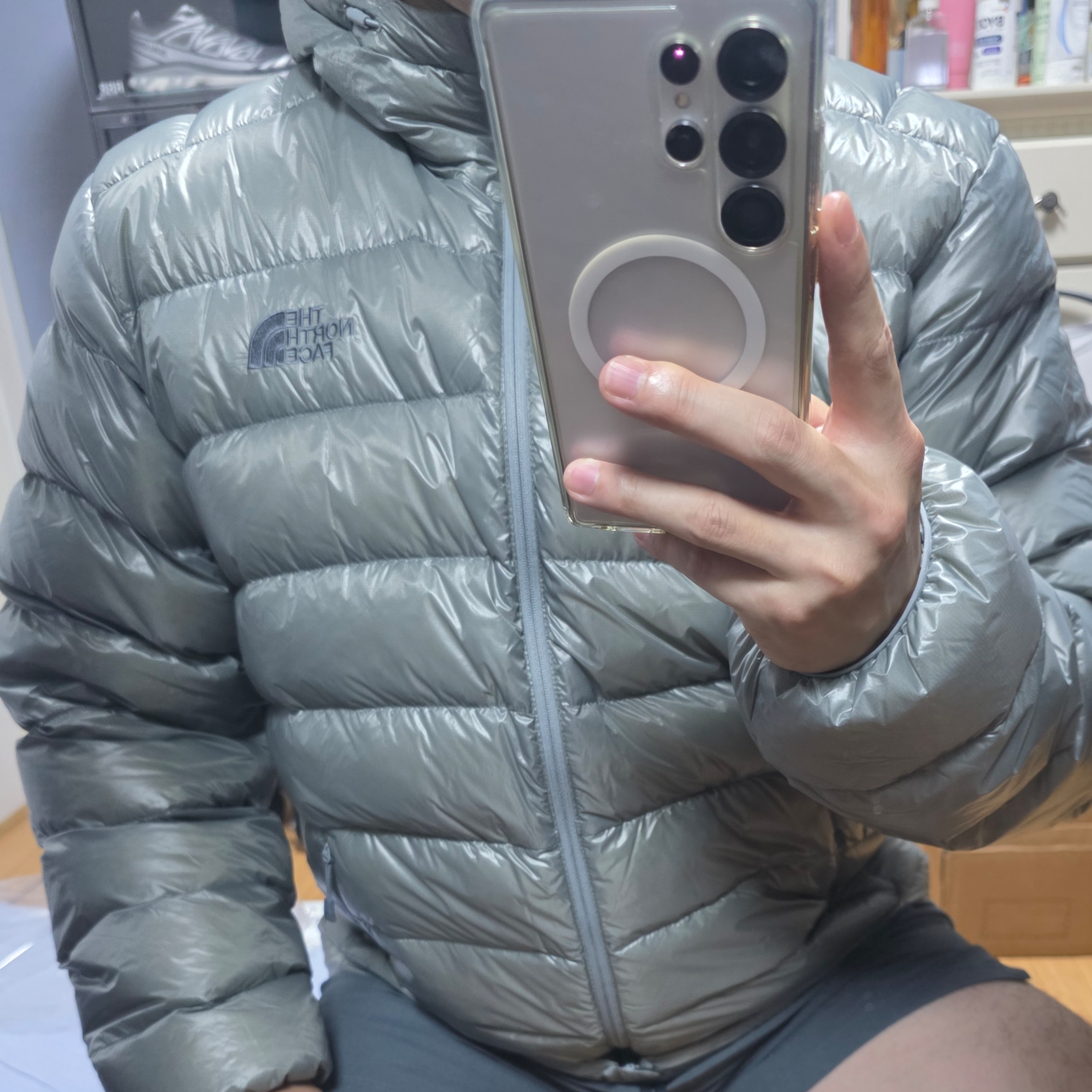 The North Face Matier EX RDS Down Hoodie Light Gray - 25FW 착용 스타일