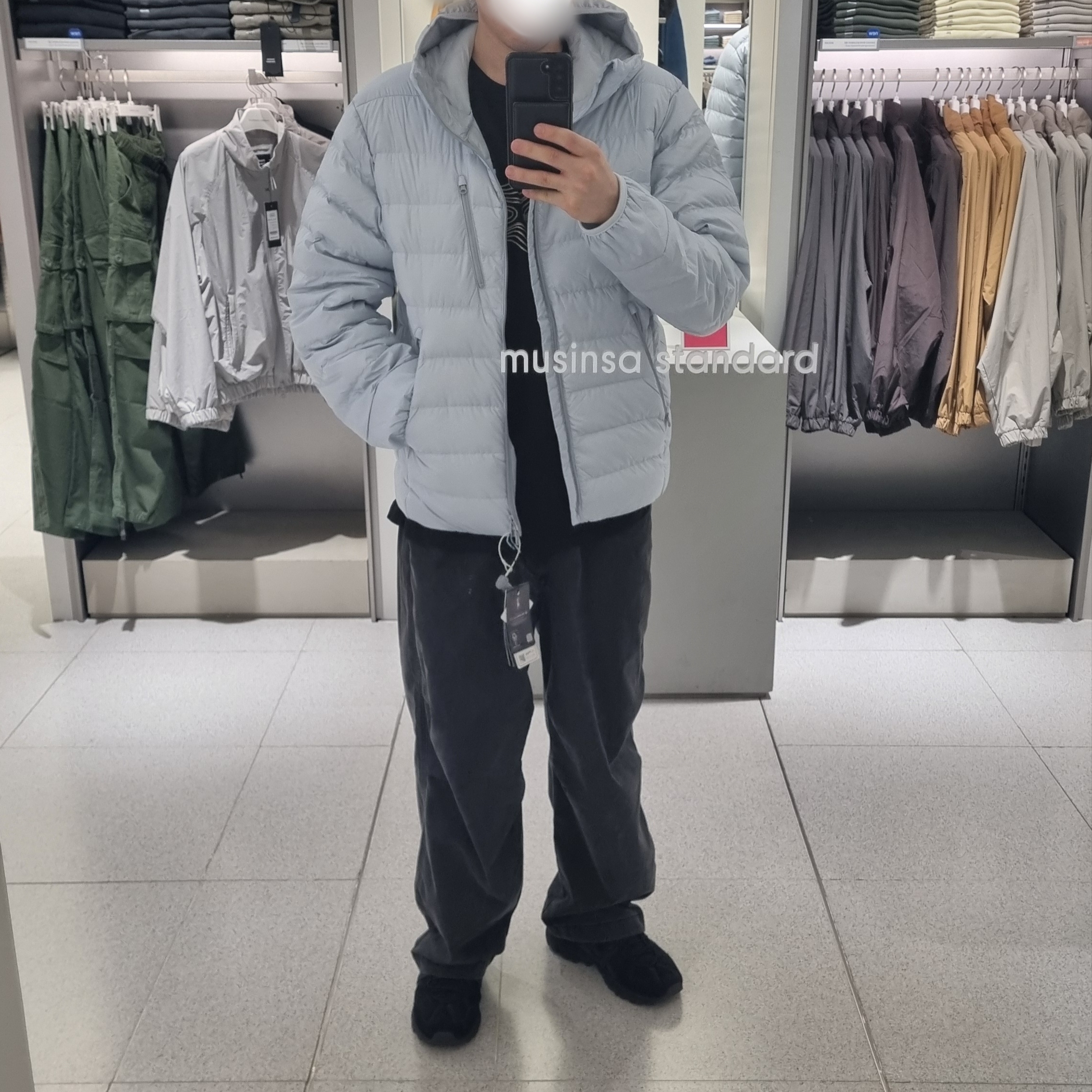 Musinsa Standard City Leisure Hooded Light Down Jacket Cloudy Blue, Asics Gel-Sonoma 15-50 Black 착용 스타일