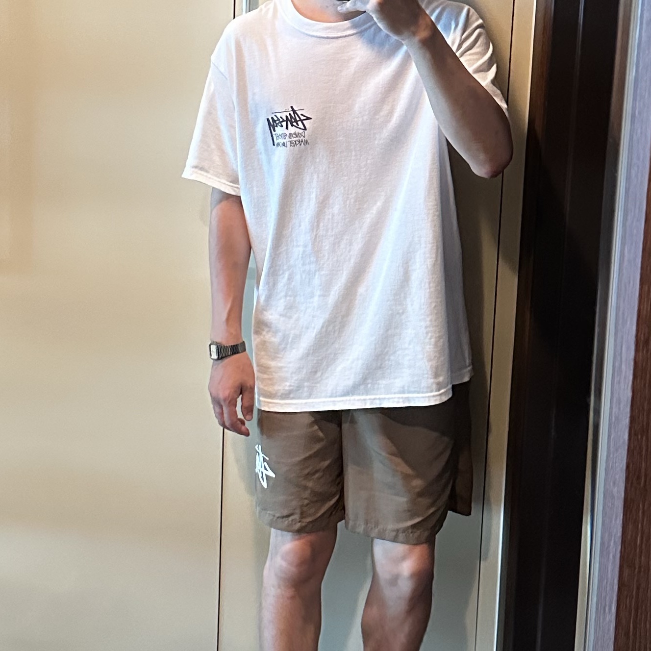 Stussy Big Stock Water Shorts Brown 착용 스타일 - 1
