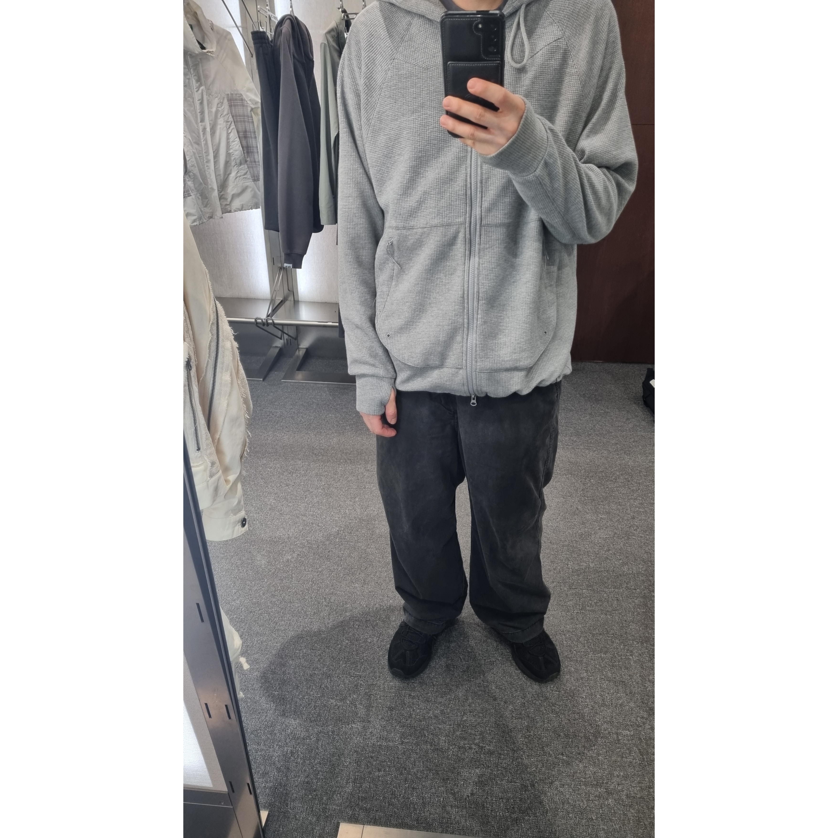 Sansan Gear Circuit Zip-Up Hoodie Melange Grey, Asics Gel-Sonoma 15-50 Black 착용 스타일 - 1