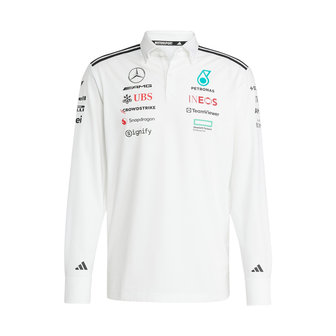 JX0757 Mercedes AMG Petronas x Adidas F1 Team Long Sleeve Polo Shirt White Black - US Sizing