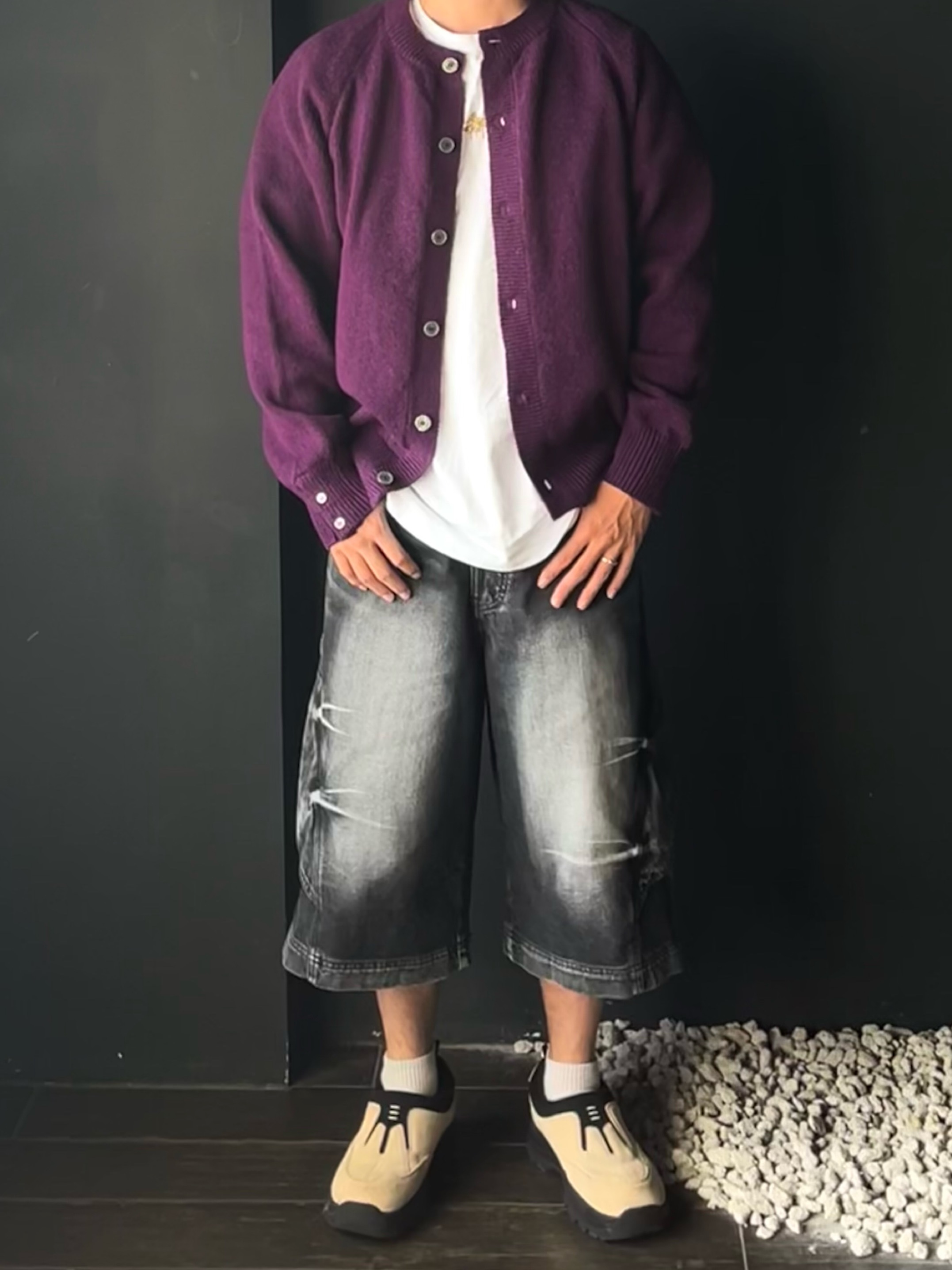 Knitted Shaggy Dog Wool 100% Round Cardigan Purple 착용 스타일 - 2