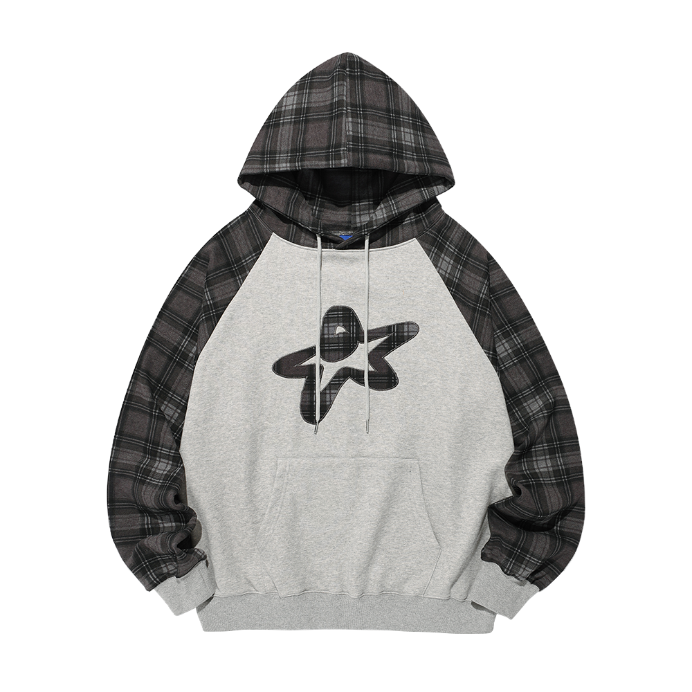 이스트쿤스트 스타 로고 체크 래글런 후디 그레이(ISTKUNST Star Logo Check Raglan Hoodie Grey)