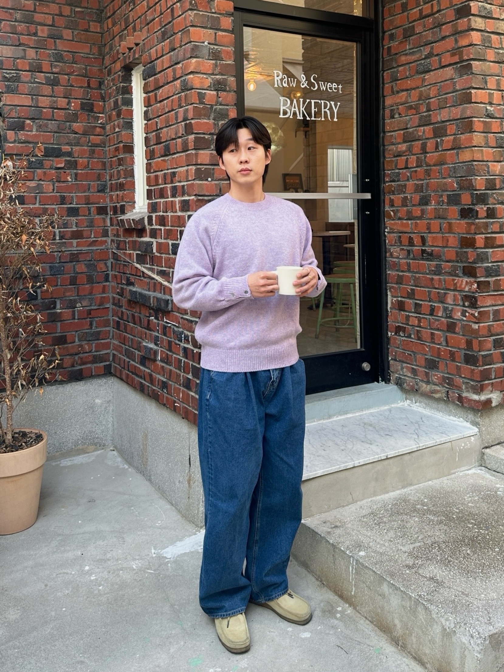 Knitted Shaggy Dog Wool 100% Round Knit Lavender, Clarks Wallabee Maple Suede 착용 스타일