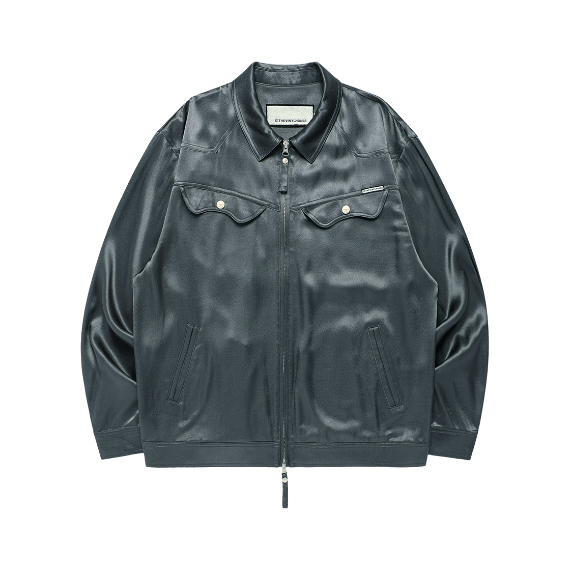 더바이닐하우스 새틴 카라 싱글 자켓 그린