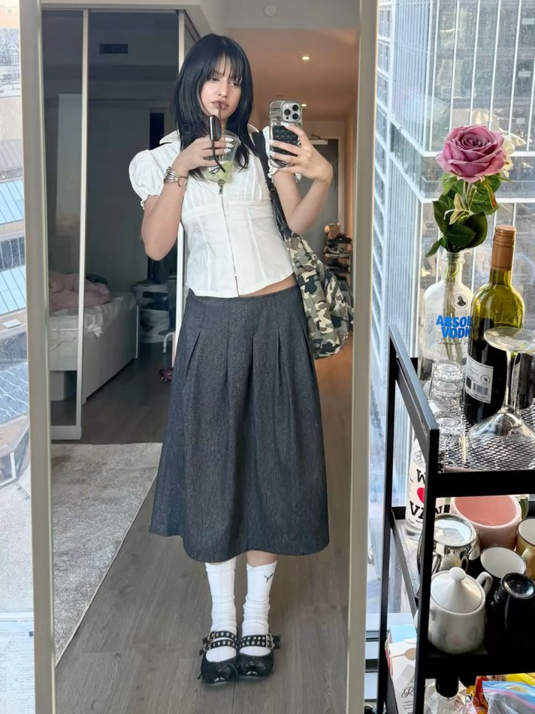 COYSEIO Cozy Sweat Wrap Skirt Charcoal, (W) Letterand Bohemian Tierd Long Skirt White 착용 스타일 - 2